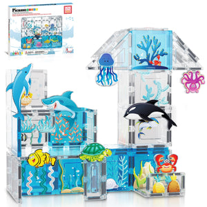 PicassoTiles Magnet Tiles Magnetic Building Blocks Aquarium Marine Animal Theme Set with 8 Character Action Figures Shark Crab Turtle STEM Toys Construction Preschool Toddlers Kids Boys Girls 3+ PTQ15