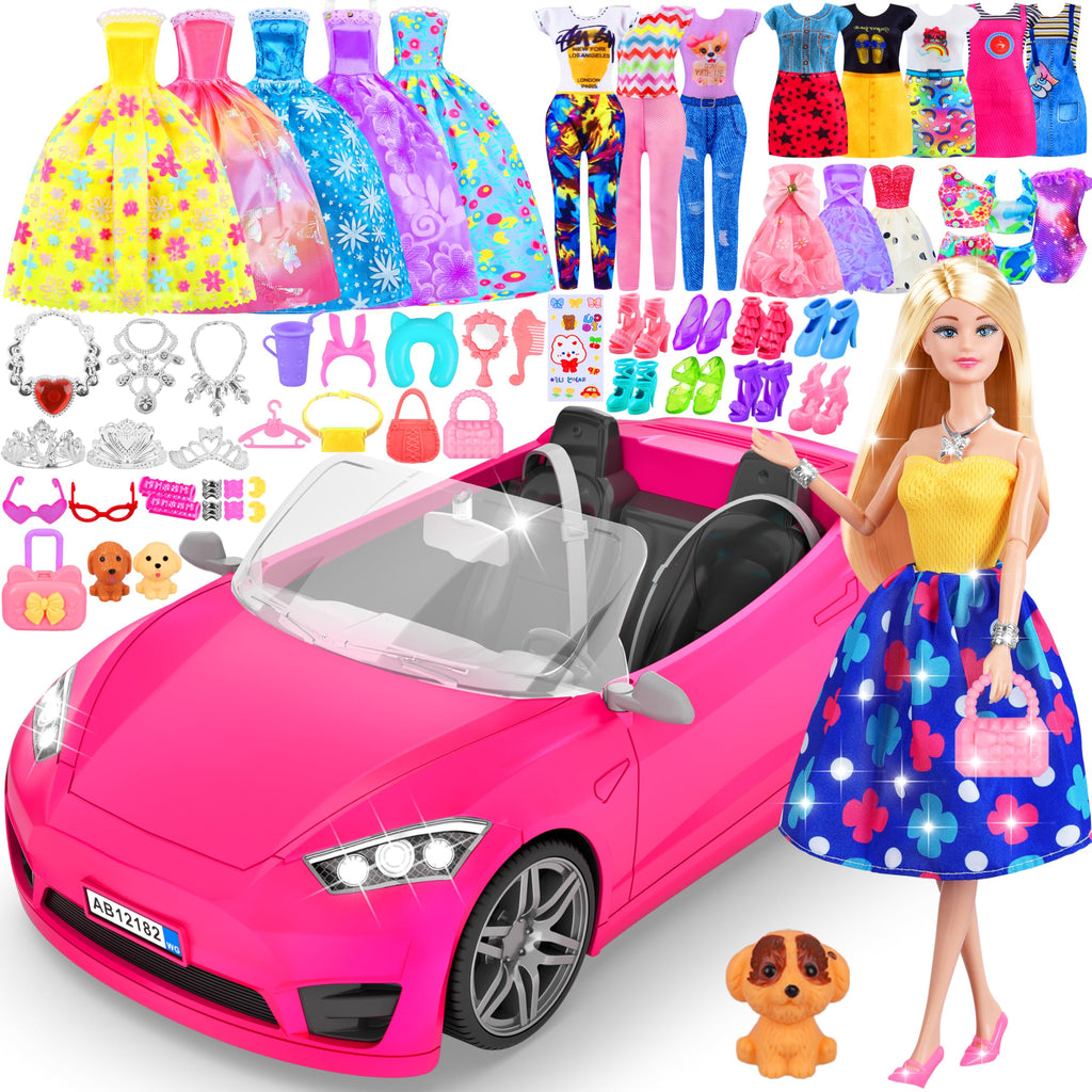 91 Pcs Doll Convertible Car Set, Doll Clothes and Accessories, Doll Playset Dress up Toys for Girls Kids Toddlers, Gift Toys for Age 3 4 5 6 7 8