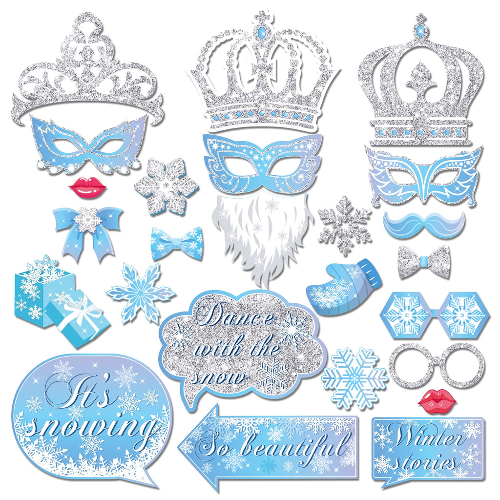 Snowflake Photo Booth Props with Sticks, Blue Snow Photo Booth Props, Christmas Selfie Props, Winter Themed Party Decorations (25CT)
