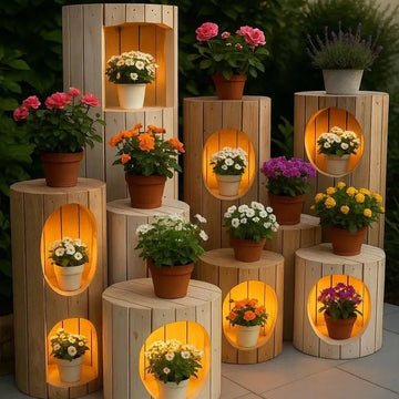 Decorative wooden stools with potted plants and glowing lights in a garden setting