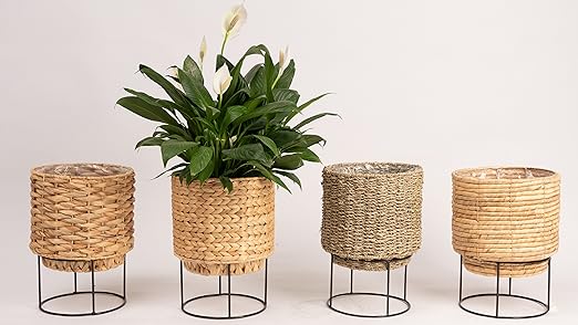 Set of 2 Water Hyacinth Planter Pot with Metal Stand - Indoor Plant, Flower, Succulent, Basket Planter, Decorative Pot Cover (Twisted)