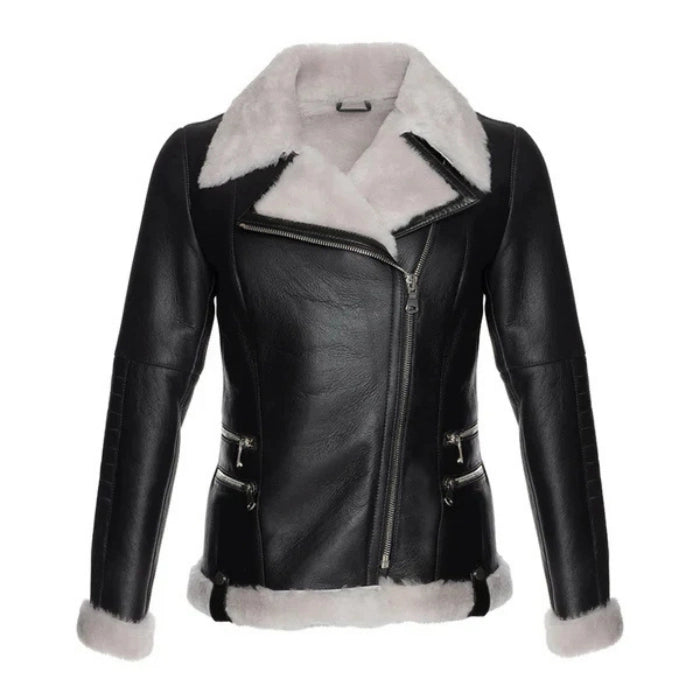 Alvara Spanish Merino Shearling Black Leather Jacket White Fur