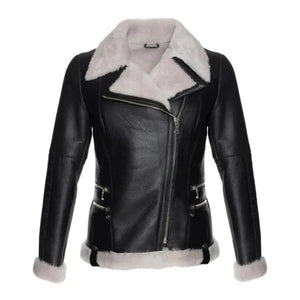 Alvara Spanish Merino Shearling Black Leather Jacket White Fur