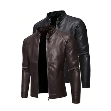 Two leather jackets, one black and one brown, on a white background.