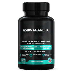 Ashwagandha 5,000mg + Maca Root Black, Red, Yellow 4,000mg, Rhodiola & L-Theanine: 30:1 Extract Ashwagandha Capsules, 20:1 Extract Maca Root Capsules - Supplement for Men and Women