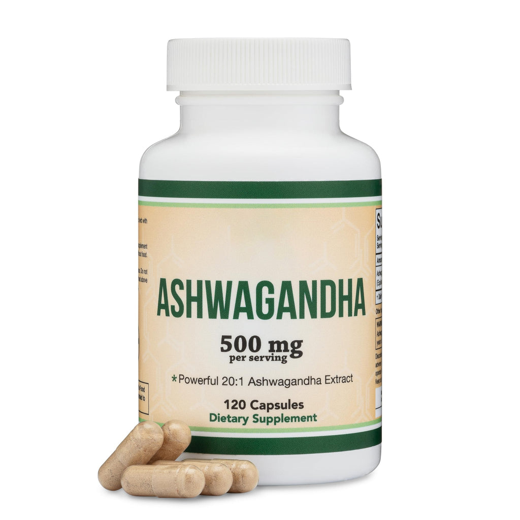 Ashwagandha Capsules, 120 Count (500mg Extract 20:1 Potency) Adaptogen Stress Relief by Double Wood