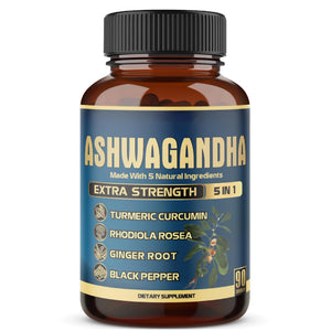 Ashwagandha Extract Capsule - Great Strength - 5in1 Blended Ginger, Turmeric, Rhodiola Rosea & Black Pepper - 90 Capsules for 3 Months - Strength, Spirit & Immune Support