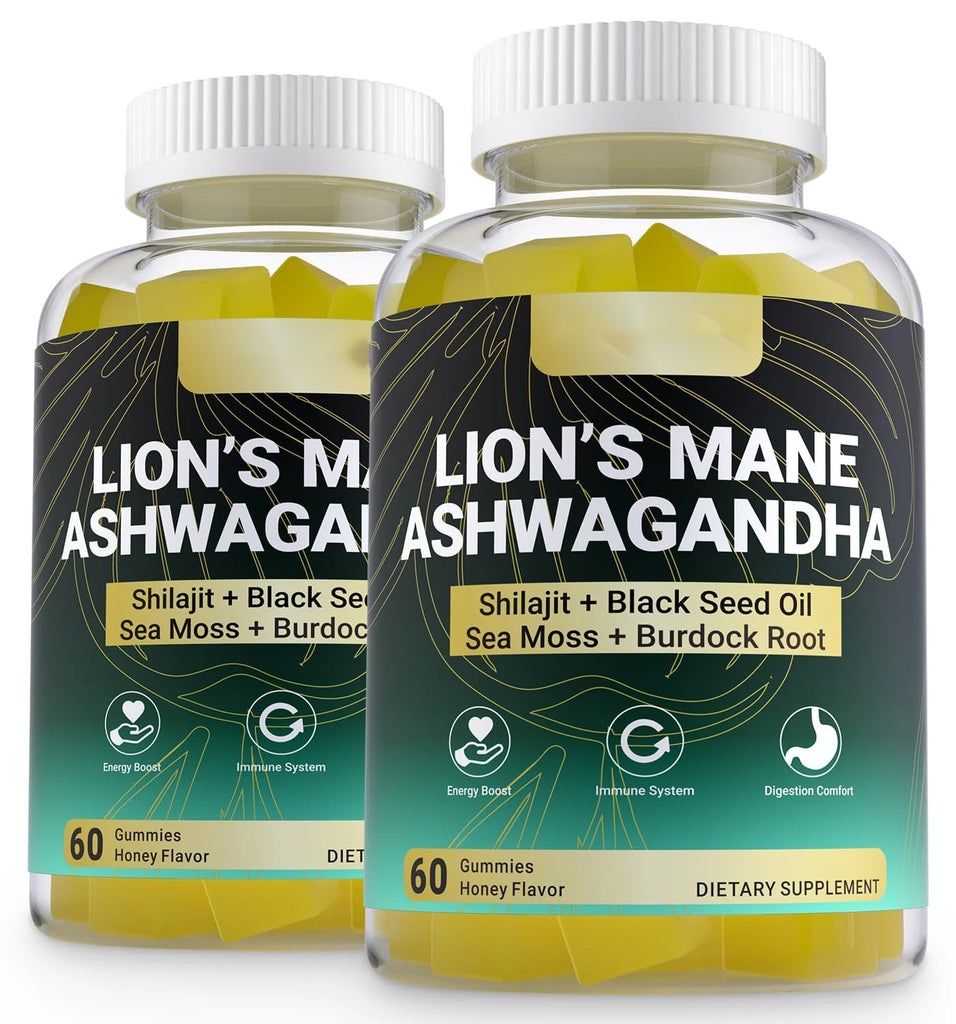 Ashwagandha Gummies - Lions Mane Gummies, Ashwagandha Lion's Mane Supplement with Shilajit, Sea Moss, Black Seed Oil for Adults - Energy, Cognitive & Immune Support