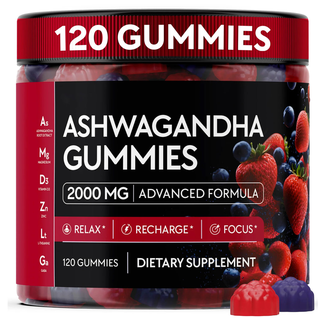 Ashwagandha Gummies – 120 Count - 2000 MG Ashwagandha Supplements with L-Theanine, GABA, Magnesium, Zinc & Vitamin D3 – Sugar-Free, Vegan, Non-GMO–Natural Support for Balance