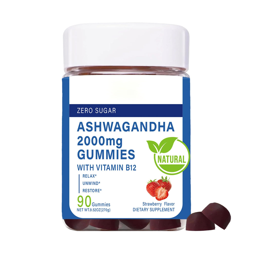 Ashwagandha Gummies 2000mg, Ashwagandha High Strength Root Extract Supplement with Vitamin B12 for Men Women, Strawberry Flavour 45 Days Supply 90 Gummies