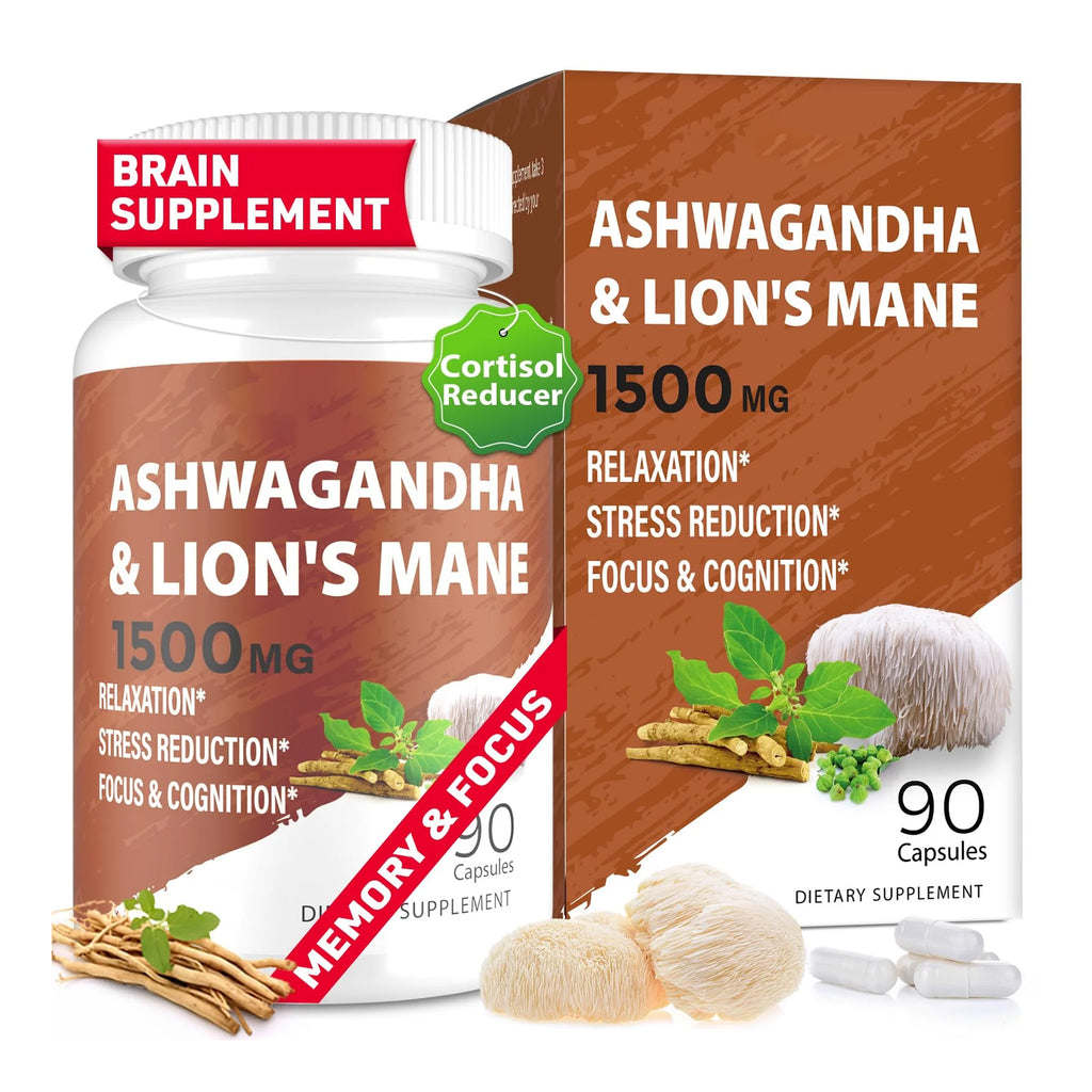 Ashwagandha & Lions Mane Supplement Capsules, Brain Supplements for Memory and Focus, Ashwagandha Supplement with Rhodiola & Black Peppe, Cortisol Supplements for Women & Men,90 Caps