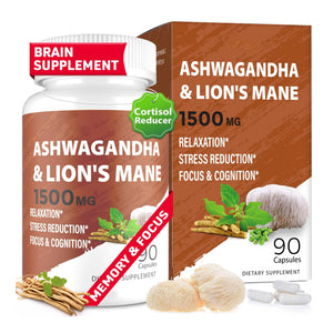 Ashwagandha & Lions Mane Supplement Capsules, Brain Supplements for Memory and Focus, Ashwagandha Supplement with Rhodiola & Black Peppe, Cortisol Supplements for Women & Men,90 Caps