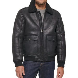 Men's Aviator Sherpa Collar Leather Bomber Jacket