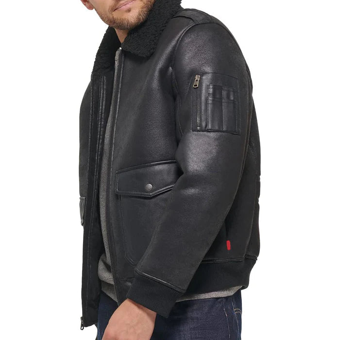 Men's Aviator Sherpa Collar Leather Bomber Jacket