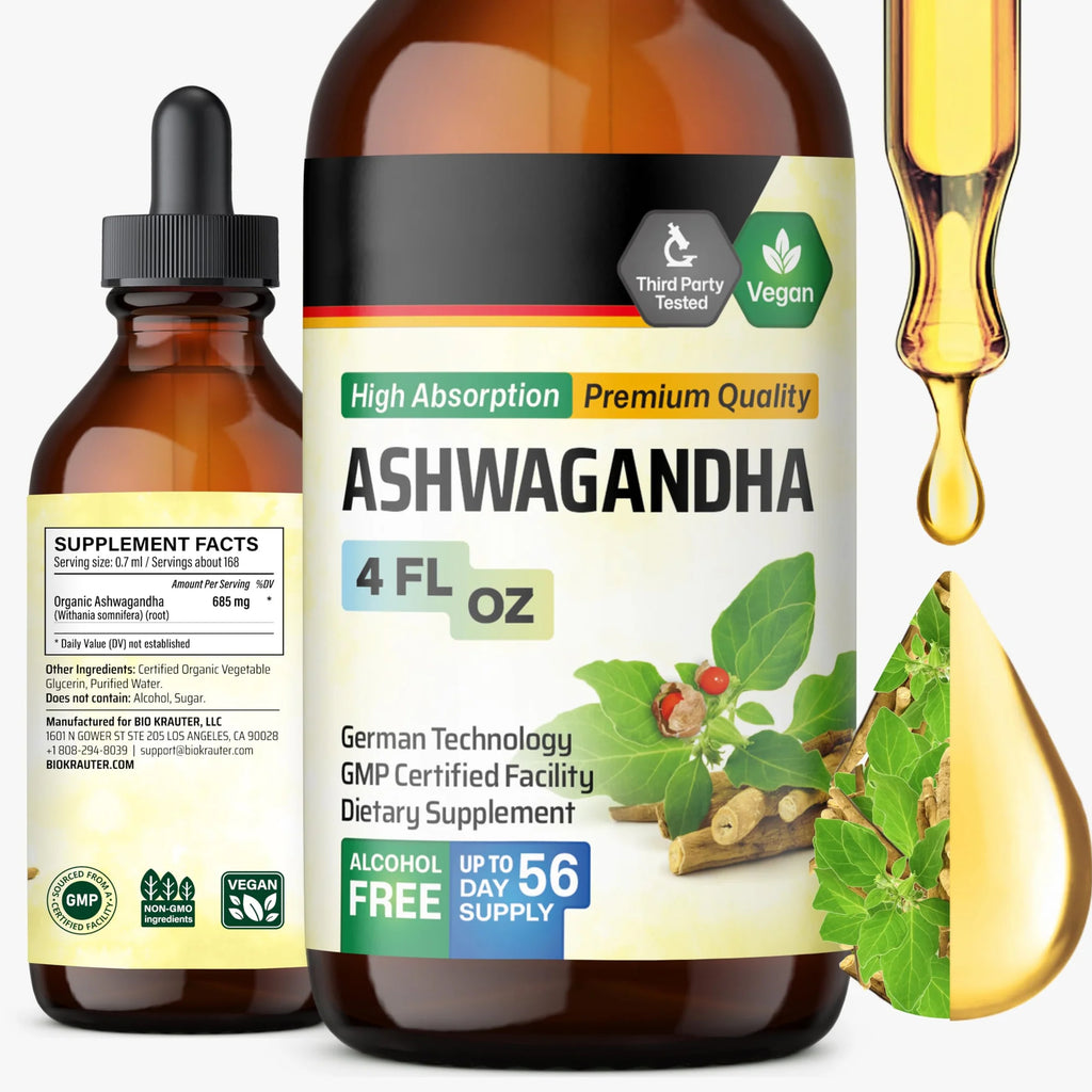 BIO KRAUTER® Ashwagandha Supplements - Liquid Drops Pure Vegan Ashwagandha for Women & Men 685 mg per Serving 4 Fl.Oz 56-Day Supply - Used for Mood Magic & Relaxation Support - Alcohol & Sugar Free