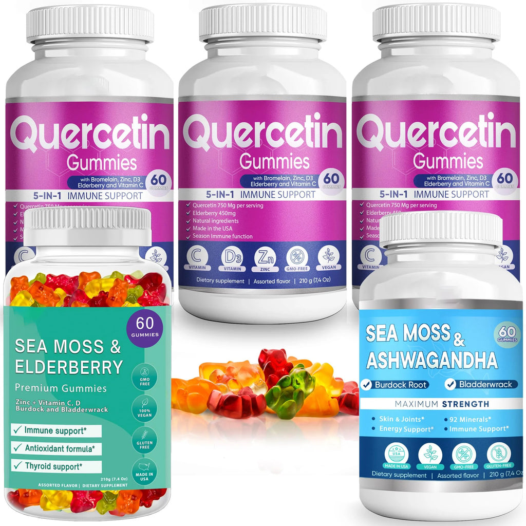 BIO VITALICA (Bundle) Sea Moss Elderberry (1 Pack) & Quercetin (3 Packs) & Sea Moss Ashwagandha Gummies (1 Pack) BioVitalica