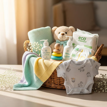 Baby care products including a teddy bear, baby lotion, diapers, and a onesie in a basket on a table.