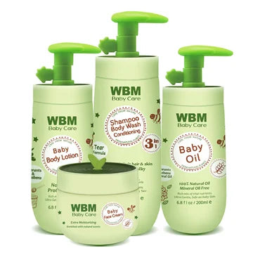 WBM Baby Care product set including shampoo, body lotion, and oil on a white background