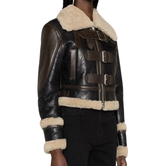 Bellonae Shearling-Trim Bomber Leather Jacket