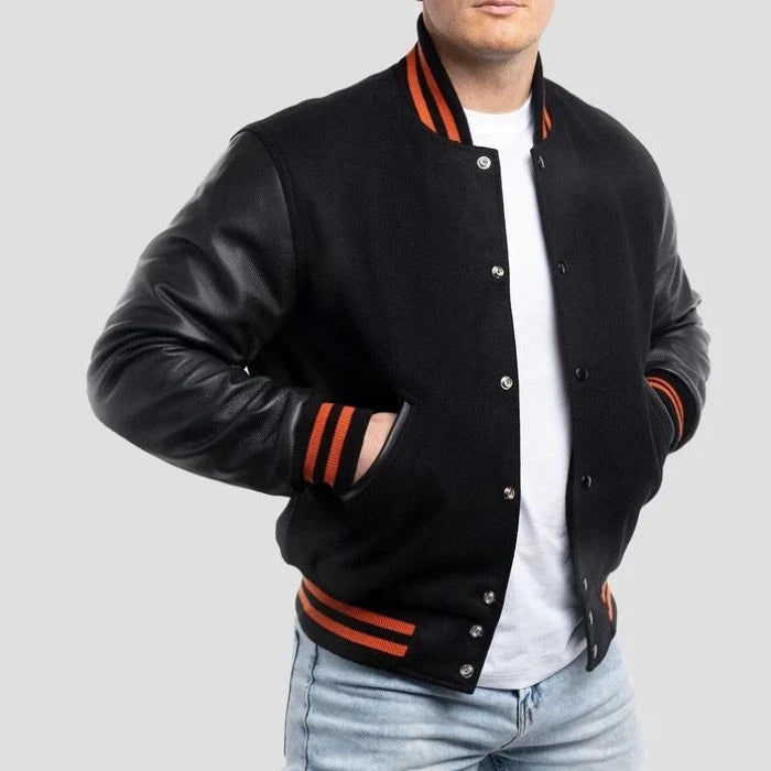 Black Wool Varsity & Black Leather Sleeves with Orange Stripes Jacket