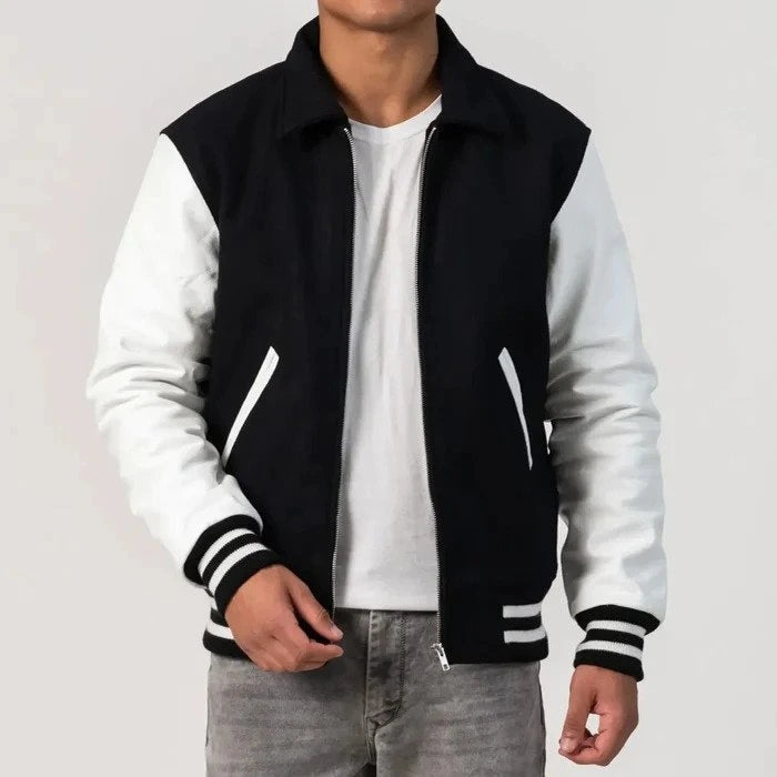 Black Wool Body & White Leather Sleeves Zipper Varsity Jacket