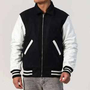 Black Wool Body & White Leather Sleeves Zipper Varsity Jacket