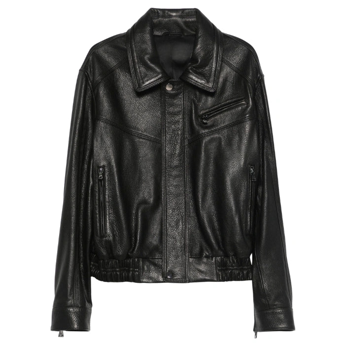 Calla Black Leather Lightweight Bomber Jacket