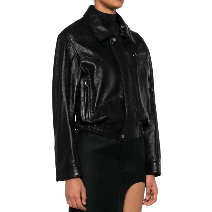Calla Black Leather Lightweight Bomber Jacket