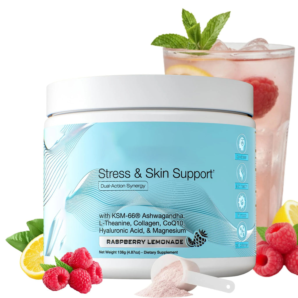 CalmGlo+ Ashwagandha KSM-66 Stress & Skin Support Supplement, Cortisol Support for Women & Men, L-Theanine Magnesium Collagen Powder, Adaptogen Drink Mix | Raspberry Lemonade 30 Servings