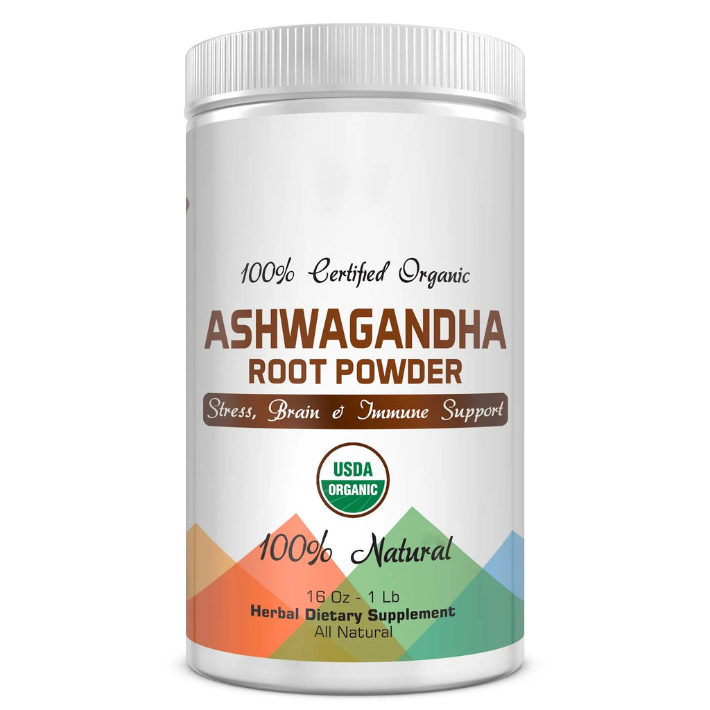 Certified Organic Ashwagandha Root Powder 16Oz -1Lb. Natural Stress, Brain and Immune Support. Enhances Overall Health. Raw Superfood. 100% Natural Herbal