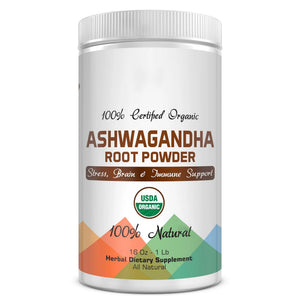 Certified Organic Ashwagandha Root Powder 16Oz -1Lb. Natural Stress, Brain and Immune Support. Enhances Overall Health. Raw Superfood. 100% Natural Herbal