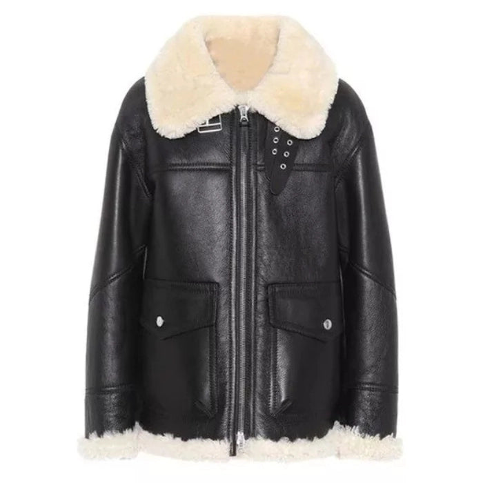 Cirella Black Ivory Shearling Aviator Leather Jacket