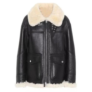Cirella Black Ivory Shearling Aviator Leather Jacket