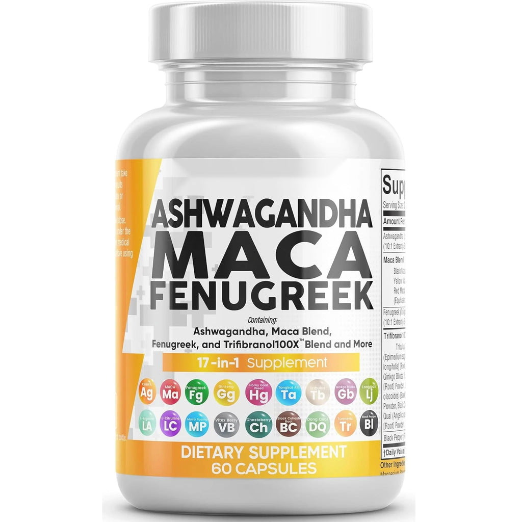 Clean Nutraceuticals Ashwagandha Maca Root Fenugreek Supplement with Tongkat Ali Ginseng - Assists with Stress, Mood & Thyroid - Ashwagandha Capsules Fenugreek Caps - 1 Pack
