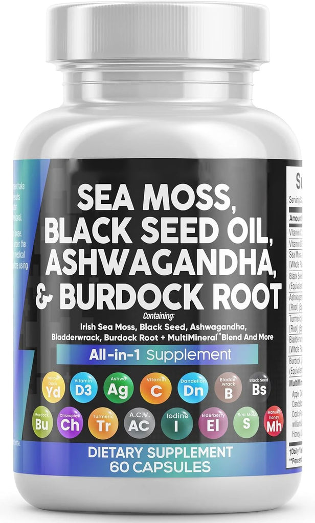 Clean Nutraceuticals Sea Moss Black Seed Oil Ashwagandha Turmeric Bladderwrack Burdock & Vitamin C Vitamin D3 with Elderberry Manuka Dandelion Yellow Dock Iodine Chlorophyll ACV