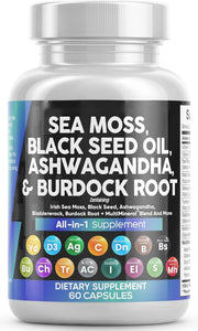 Clean Nutraceuticals Sea Moss Black Seed Oil Ashwagandha Turmeric Bladderwrack Burdock & Vitamin C Vitamin D3 with Elderberry Manuka Dandelion Yellow Dock Iodine Chlorophyll ACV