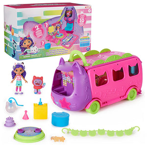 DREAMWORKS GABBY'S DOLLHOUSE Celebration Party Bus, Transforming Playset with Gabby & DJ Catnip Toy Figures & Dollhouse Accessories, Kids Toys for Ages 3 and Up