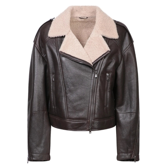 Elvani Shearling-Collar Cropped Biker Jacket
