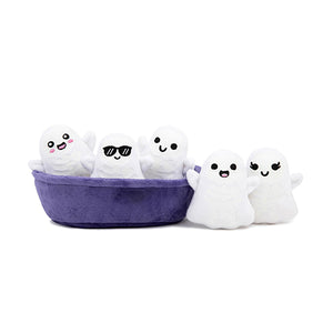 Emotional Support Ghosts by Relatable, Cuddly Plush Collectibles and Cute Stuffed Animals, Spooky Halloween Ghost Plushies and Fun Trick or Treat Toys, Includes 5 Plushies with Carrying Basket