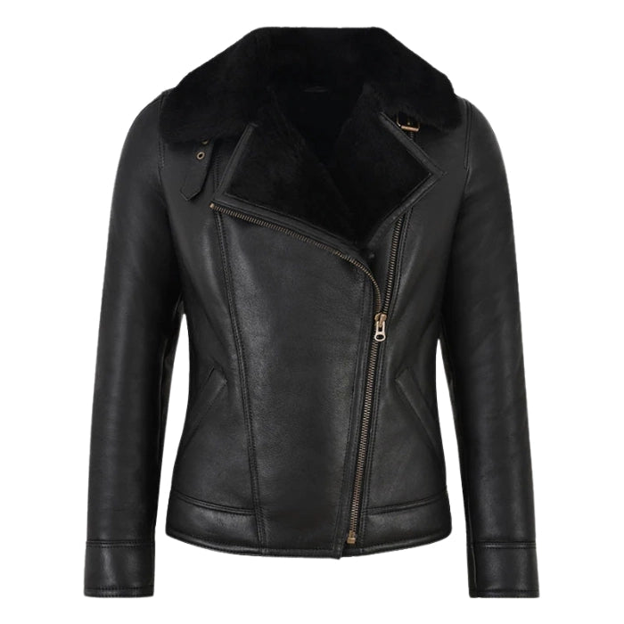 Falvor Ladies Sheepskin Pilot Shearling Leather Jacket Black