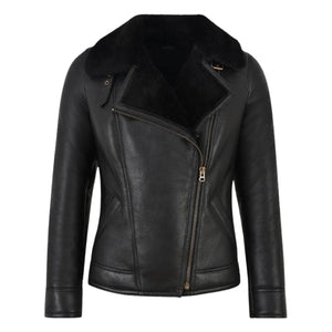 Falvor Ladies Sheepskin Pilot Shearling Leather Jacket Black