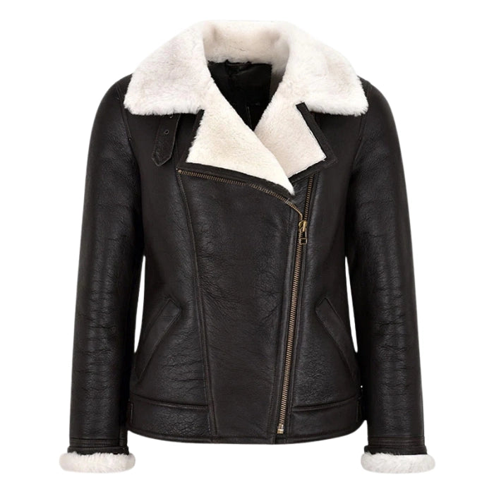 Falvor Ladies Sheepskin Pilot Shearling Leather Jacket Brown