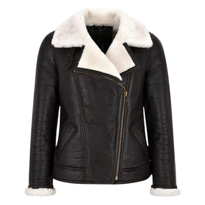 Falvor Ladies Sheepskin Pilot Shearling Leather Jacket Brown
