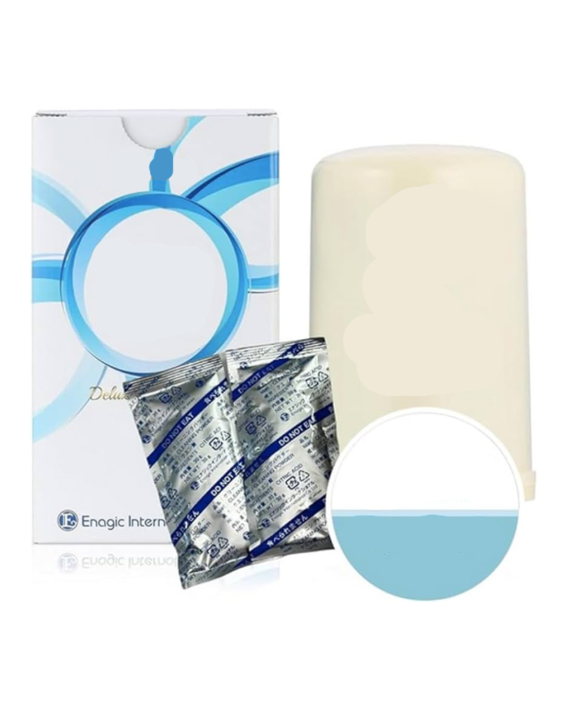 A water filter package labeled 'FC1' by Enagic International, including a water filter and a product information card.