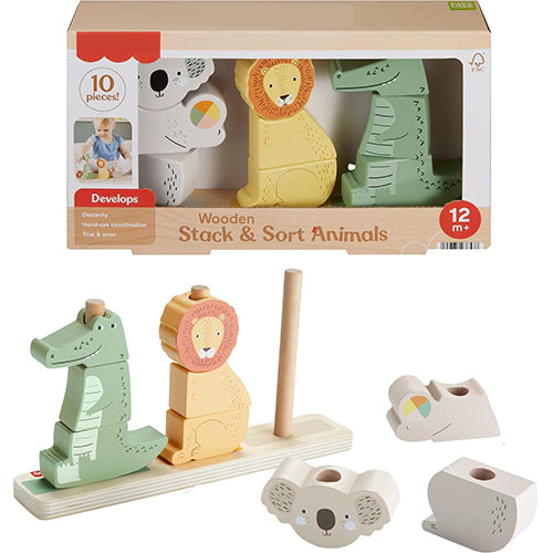 Fisher-Price Wood Baby Toy Stack & Sort Animals, 10 Wooden Pieces for Developmental Play for Infants & Toddlers Ages 1+ Years