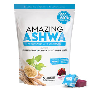Force Factor Amazing Ashwa for Stress Relief, Memory, Focus, and Immune Support Health, Ashwaganda Supplement with KSM-66 Ashwagandha for Stress, 60 Soft Chews