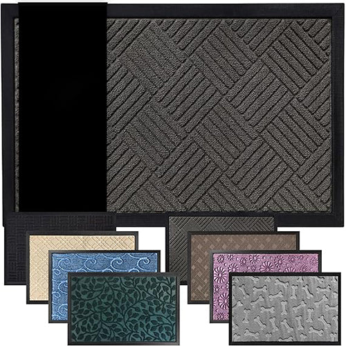 GORILLA GRIP 100% Waterproof All-Season WeatherMax Doormat US Designed Natural Rubber, Stain Fade Resistant, Low Profile Indoor Outdoor Door Mats, Easy Clean, 17x29 Gray Diamond