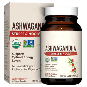 Garden of Life Organic Ashwagandha Supplement with Probiotics & Ginger - Stress, Mood & Energy Support, Vegan, Gluten Free, Non GMO, 2 Month Supply, 60 Tablets