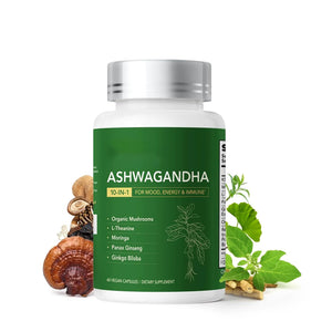 GlowEver KSM-66 Ashwagandha Supplements with L-Theanine Moringa Organic Mushrooms Complex Ginseng Ginkgo Biloba - Mood & Energy Support, Cortisol Manager, Immune Support, 60 Vegan Capsules