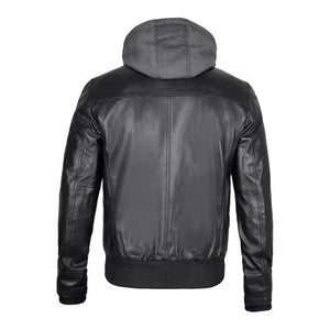 Men's Grey Hoodie Leather Jacket
